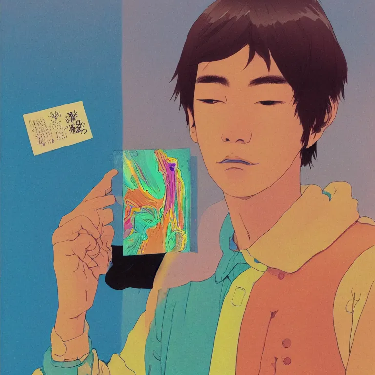 Prompt: an transparent glass portrait of a young japanese man holding a colorful blotter paper of lsd acid and dreaming psychedelic hallucinations in the vast icy landscape of antarctica, by soul bass, kawase hasui, moebius and edward hopper, colorful flat surreal design, xray hd, 8 k, artstation