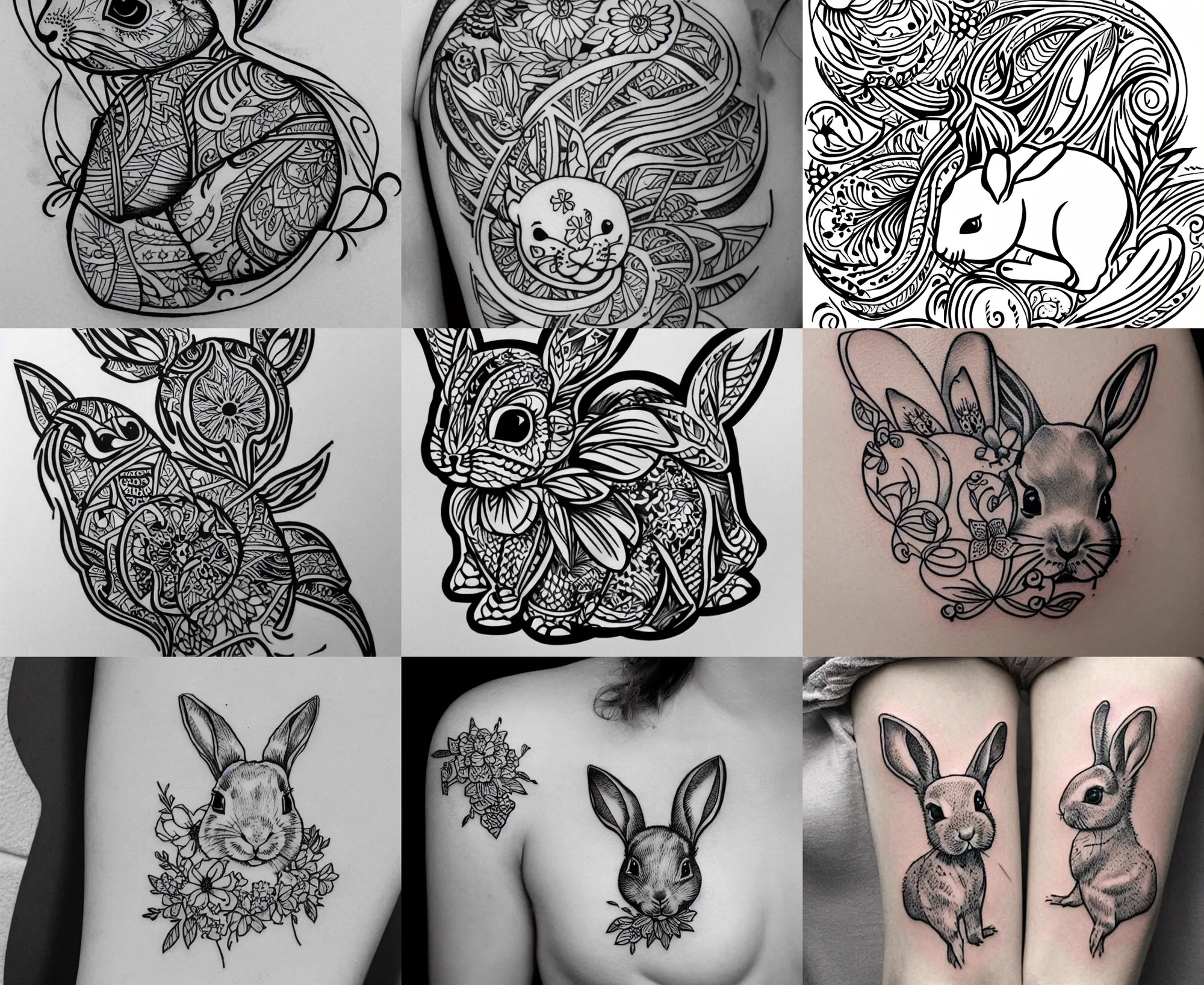 Prompt: well - detailed tattoo stencil of a baby bunny, bold lines art floral motif