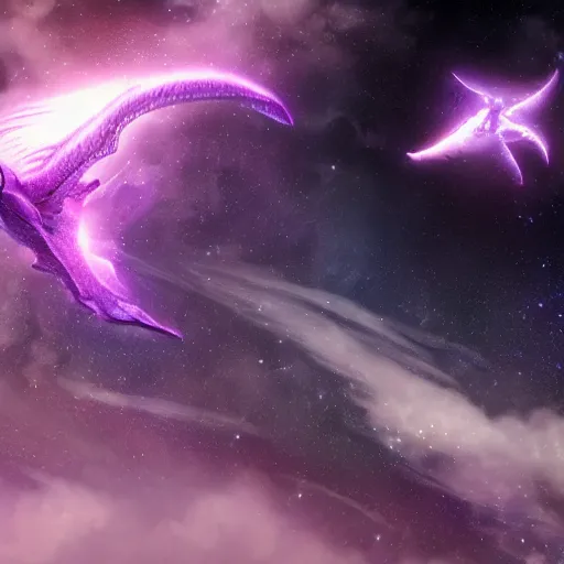 Prompt: a purple star galaxy dragons flying through nebulous space with their wings spread, trending on artstation, digital art, 4k, hyper realism, high detail, cinematic, cinematic lighting, high detail, realistic, fantasy