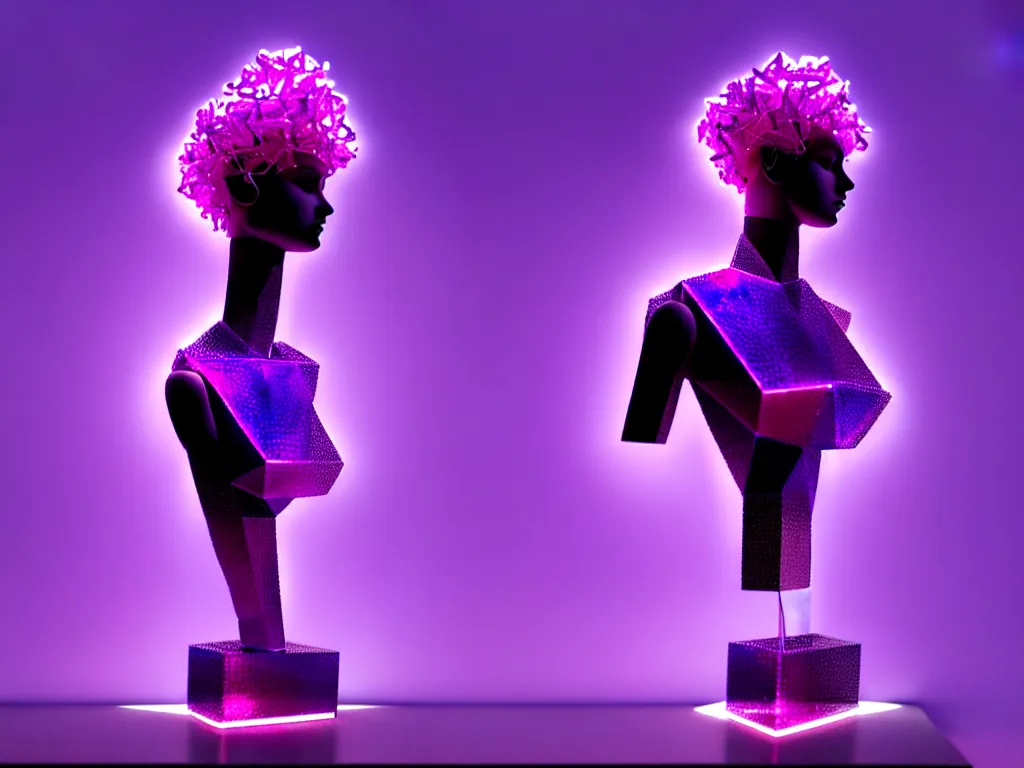 Image similar to beautiful mannequin sculpted out of amethyst by billelis + lit with purple 3 d geometric neon + chrome geometric cubed bonsai plants!!!!, doorway opening with neon pink geometric light, clean linework, dramatic, finely detailed, rule of thirds, moody, confident, award winning, 4 k, trending on artstation, photorealistic, volumetric lighting, octane render