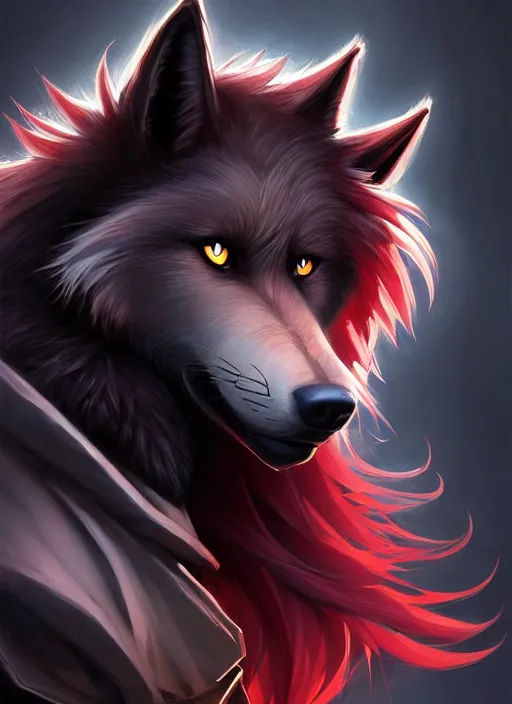 Image similar to character concept art of a black anthropomorphic furry male wolf long red hair | | cute - fine - face, pretty face, key visual, realistic shaded perfect face, fine details by stanley artgerm lau, wlop, rossdraws, james jean, andrei riabovitchev, marc simonetti, and sakimichan, trending on artstation