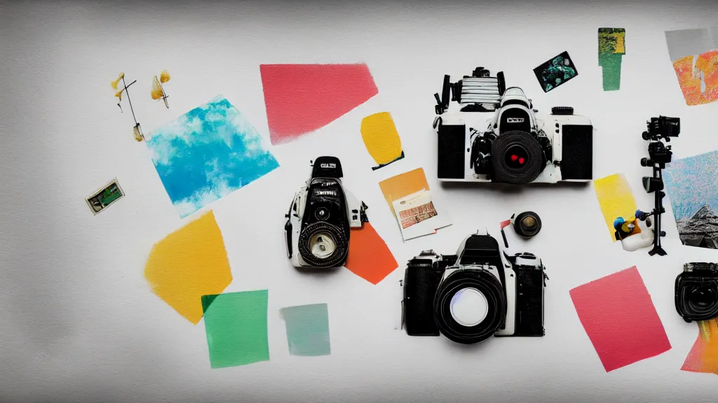 Image similar to an arrangement of dslr photographer traveller props, japan, a collage painting, in the style of wes anderson, lola dupre, david hockney, isolated on negative white space background dark monochrome neon spraypaint accents volumetric octane render