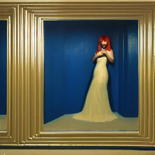 Image similar to an ivory golden young girl in a blue and red haunted liminal abandoned room, film still by edward hopper, by gottfried helnwein, by klimt, art noveau, highly detailed, strong lights, liminal, eerie, bright pastel colors,