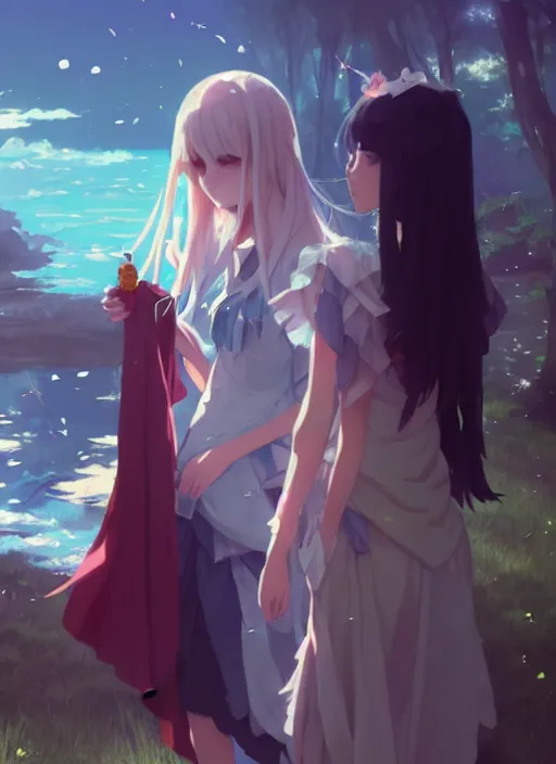 Prompt: 2 girl in fantasy clothes playing water. illustration concept art anime key visual trending pixiv fanbox by wlop and greg rutkowski and makoto shinkai and studio ghibli