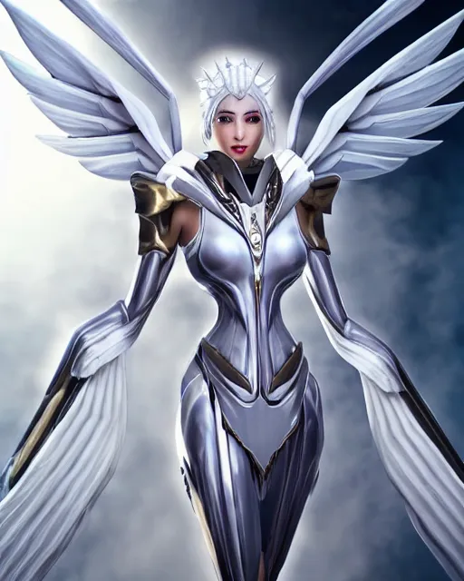 Image similar to perfect white haired attractive egyptian goddess with huge white dove wings, warframe armor, beautiful, symmetric, dreamy, half asian, pretty face, blue eyes, detailed, scifi platform, laboratory, experiment, 4 k, ultra realistic, epic lighting, android body, illuminated, cinematic, masterpiece, art by akihito tsukushi, voidstar