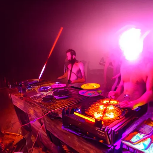 Image similar to scandy and arender, cooking it up, hot hot hot, splash, ahhhhhhh, roomies, bohemian digitals, playing a live gig at ozora festival, night time, colored lights, stroboscope, fog machine, no faces visible, huge crowd, ecstatic, photorealistic photography