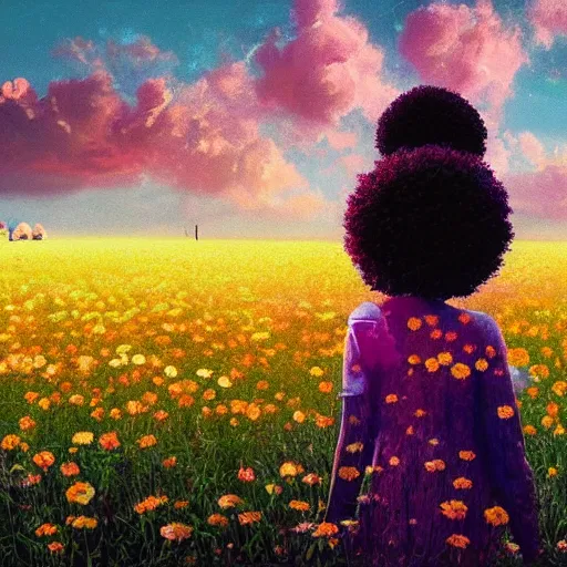 Image similar to large flower afro, full body, girl standing in the middle of a field with flowers, surreal photography, hills, sunrise dramatic light, impressionist painting, colorful clouds, digital painting, pointillism, artstation, simon stalenhag