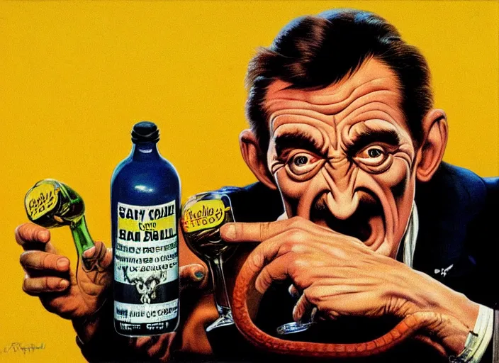 Image similar to barry chuckle drinking a bottle of snake oil, snake oil advertisement from 1 9 8 8, artwork by frank frazetta and richard corben, 3 d, high resolution 8 k