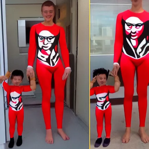 Prompt: woman in a tight KFC themed morph suit