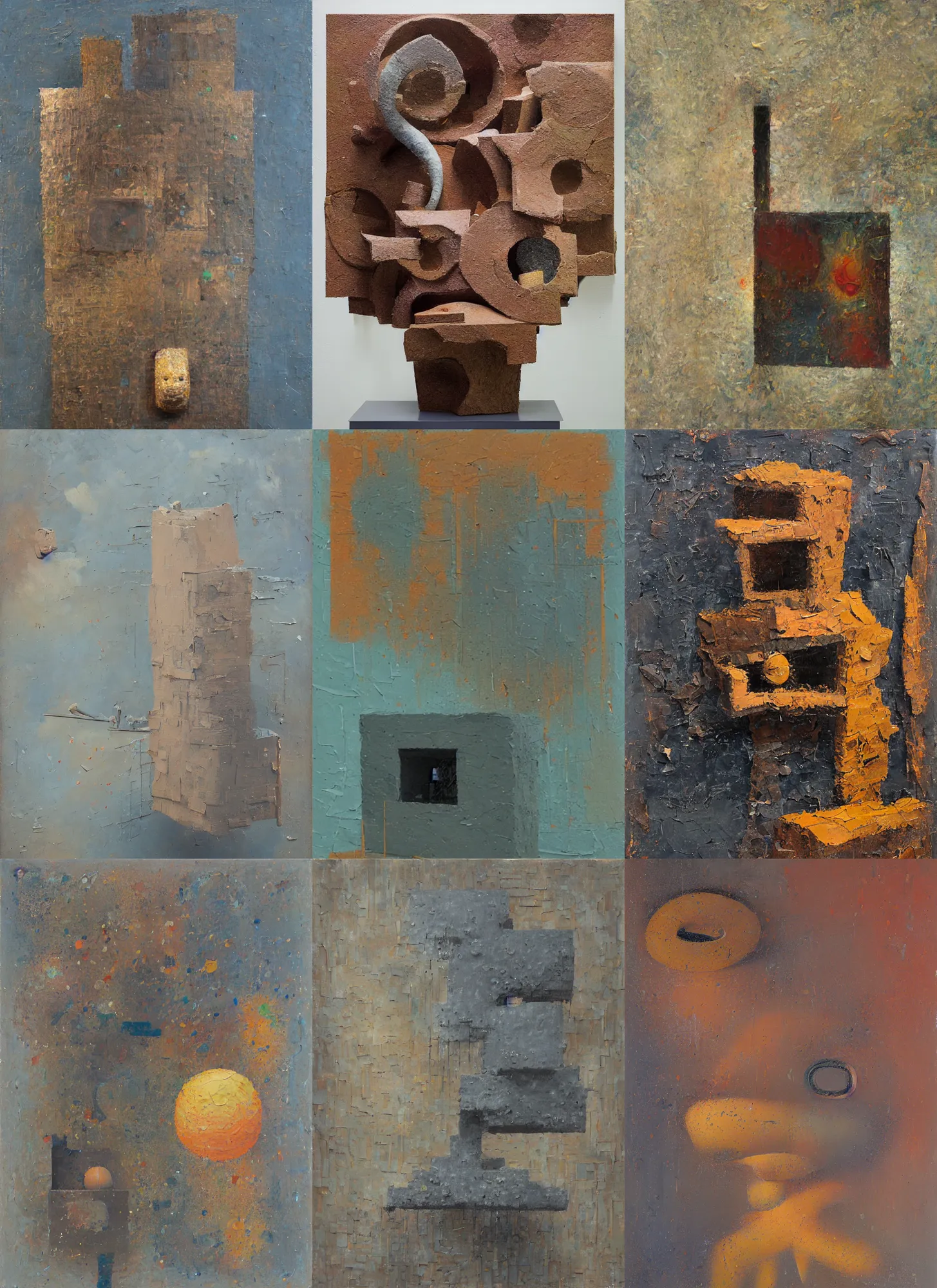 Prompt: an impasto painting by shaun tan and dan mcpharlin of an abstract forgotten sculpture by the caretaker and ivan seal,