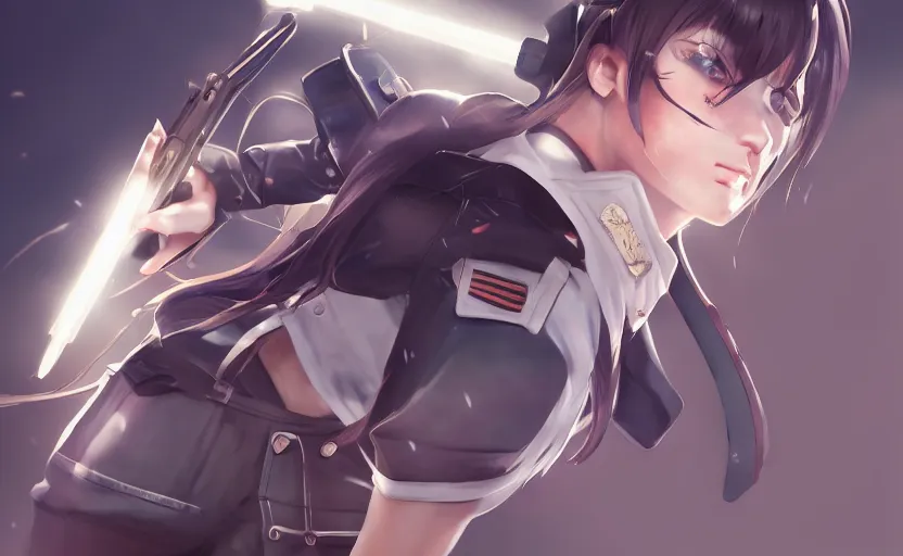 Image similar to highly detailed, high resolution, character design art, stunning, volumetric lightning, realistic guns, azur lane style, matte, sharp focus, intricate, 150mm, illustration, artstation, by kuvshinov ilya, realistic human anatomy, simple design, realistic female sailor uniforms