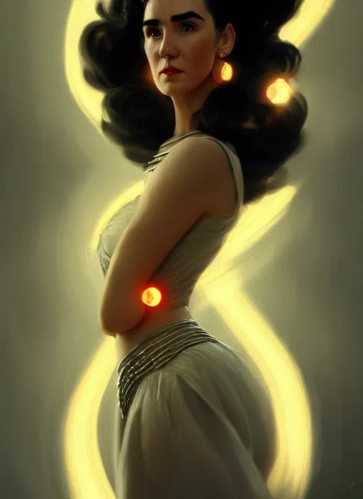 Image similar to portrait of 1 9 5 0 s darna, young jennifer connelly, intricate, elegant, glowing lights, highly detailed, digital painting, artstation, glamor pose, concept art, smooth, sharp focus, illustration, art by wlop, mars ravelo and greg rutkowski