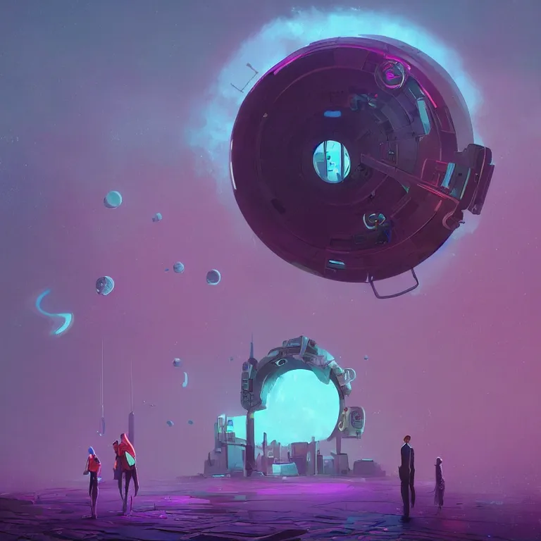 Prompt: a circle!! portal structure floating in space!!, cyberpunk, epic surrealism, indigo, purple, cyan, detailed digital matte painting in the style of simon stalenhag and painting by ralph mcquarrie