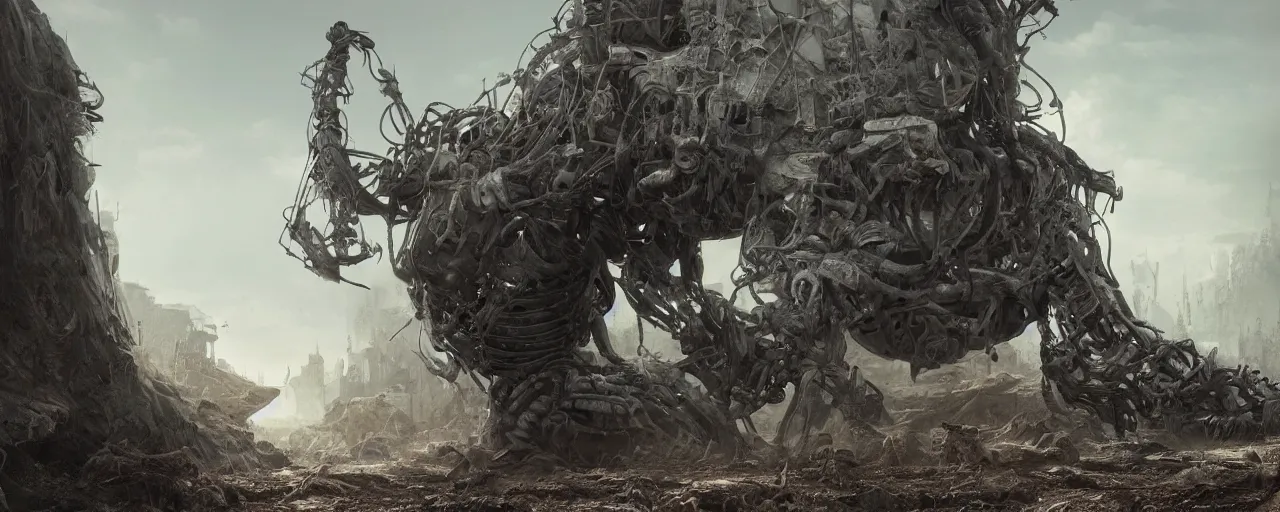 Image similar to an intricate concept art of a humanoid coming out of the ground, post - apocalyptic, matte painting, concept art, hyper realistic, cgsociety, artstation, style by feng zhu and dylan cole, octane render, anime style, anime color palette, cinematic lighting