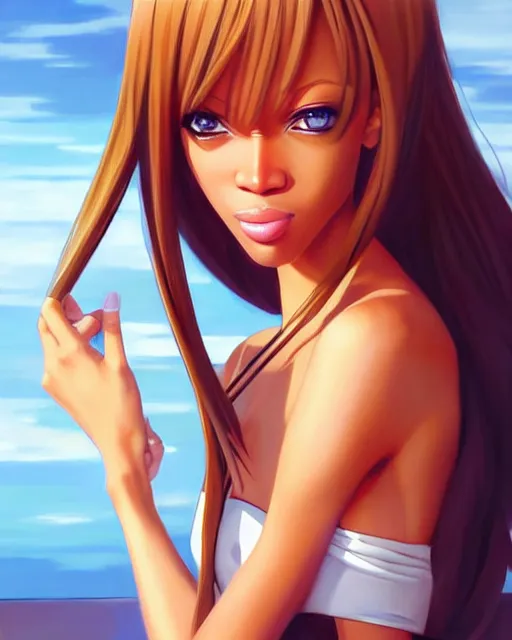 Image similar to portrait of Tyra Banks as Anime girl cute-fine-face, full body! full figure! pretty face, realistic shaded Perfect face, fine details. Anime. realistic shaded lighting by Ilya Kuvshinov Giuseppe Dangelico Pino and Michael Garmash and Rob Rey