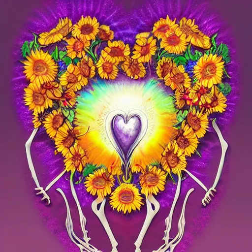 Image similar to a beautiful matte digital illustration by Larisa Novik of an anatomically correct heart bursting out of an anatomically correct skeletal rib-cage and exploding into rainbows and sunflowers, trending on artstation hq