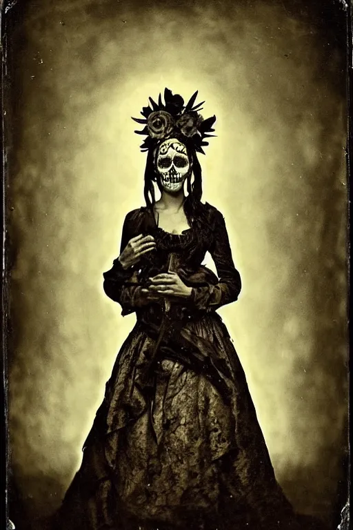 Prompt: tintype, 1 8 5 0's virgin mary dia de muertos dress and make up, horrific beautiful vibe, evocative, atmospheric lighting, painted, intricate, highly detailed, leesha hannigan, wayne haag, reyna rochin, ignacio fernandez rios, mark ryden, iris van herpen, stunning, gorgeous, sharp focus, cinematic, masterpiece