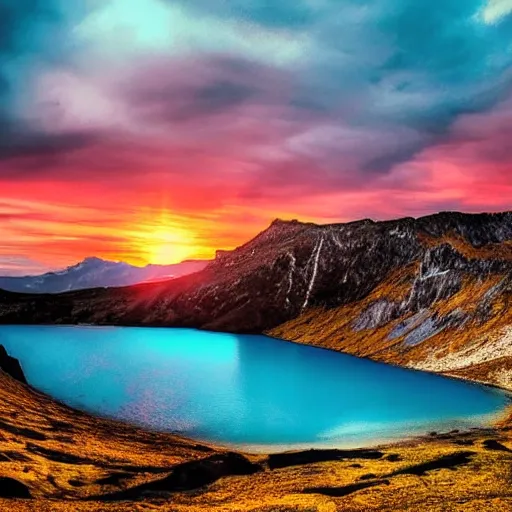 Image similar to sunset above blue lake, beautiful landscape, high detail, instagram photo, professional dslr photo,