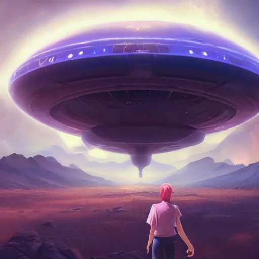 Image similar to a digital painting of a person looking up at a gigantic big enormous ufo spaceship in the sky on earth concept art by simon stalenhag and peter mohrbacher cgsociety, speedpainting, apocalypse art. unreal engine. hyper - realistic. photo realistic. 3 d render. octane render. detailed masterpiece. extreme wide shot.