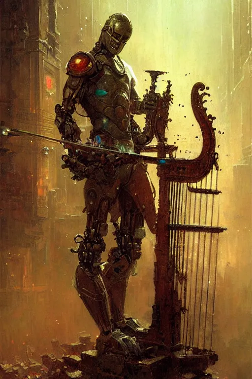 Image similar to modern looking robot man holding a fantasy harp in a grimy dungeon portrait dnd, painting by gaston bussiere, craig mullins, greg rutkowski, yoji shinkawa