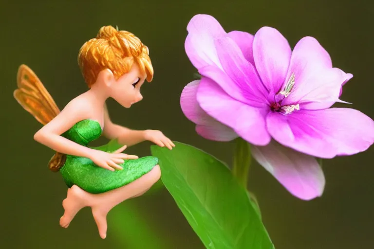 Prompt: Tinkerbell kissing a flower, hyper realism, macro shot