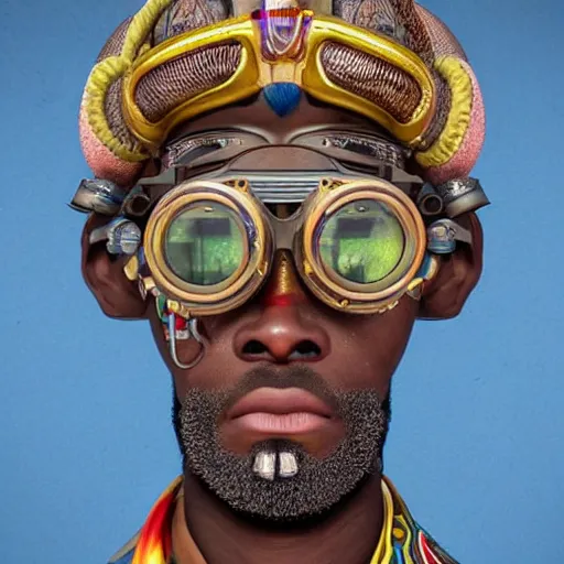 Image similar to colourful vfx upper half - portrait - art of a african tribal chief wearing steam punk goggles, art by utagawa kunisada & james jean, symmetrical, intricate detail, concept art, volumetric light, ray tracing, caricature, digital illustration, octane 3 d render, unreal engine, sharp, 8 k post process, pinterest, behance, art station,