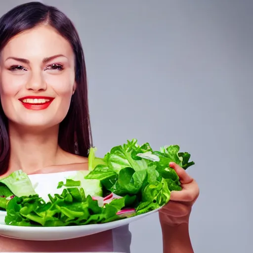 Prompt: happy woman eating salad, stock photograph, studio lighting, 4k, beautiful symmetric face, beautiful gazing eyes