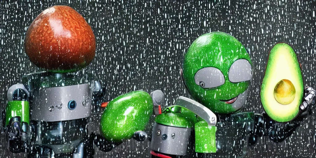 Prompt: a happy robot juggling avocados in the rain