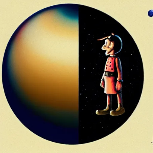 Image similar to the minor - planet pluto, unhappy because it wants to be a real planet. imax, 7 0 mm. digital live - action. concept art. dramatic lighting. pinocchio ( 1 9 4 0 ) animated feature film. neo - noir science fiction.