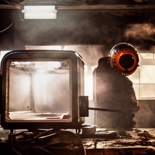 Image similar to head of toaster oven mecha, dark messy smoke - filled cluttered workshop, dark, dramatic lighting, orange tint, cinematic, highly detailed, sci - fi, futuristic, movie still