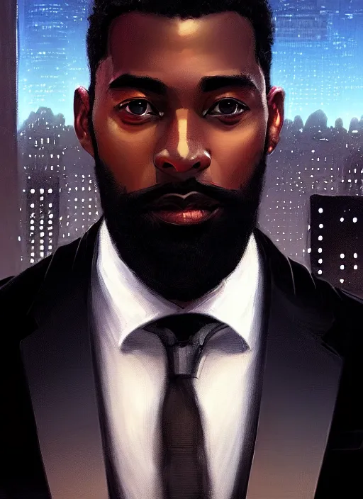 Prompt: portrait of handsome black genius in tailored suit, urban skyline, low haircut with full beard, supreme mathematics, elegant atmosphere, glowing lights, highly detailed, digital painting, artstation, concept art, smooth, sharp focus, illustration, art by wlop, mars ravelo and greg rutkowski