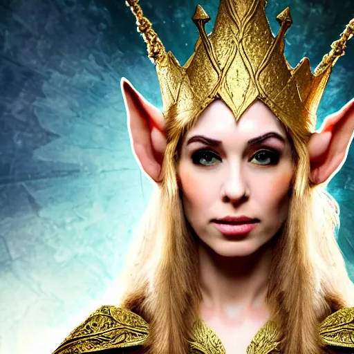 Prompt: photo of a real-life beautiful elven queen with ornate robes and crown