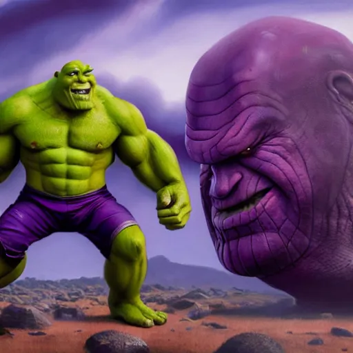 Prompt: Thanos fighting against Shrek, trending on artstation, oil on canvas