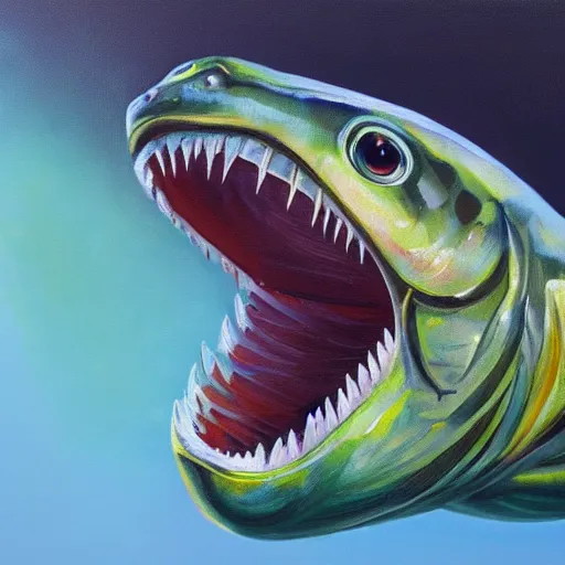 Prompt: oil painting of a fish with sharp teeth, epic, japanese style painting, sharp focus, high details, 4 k