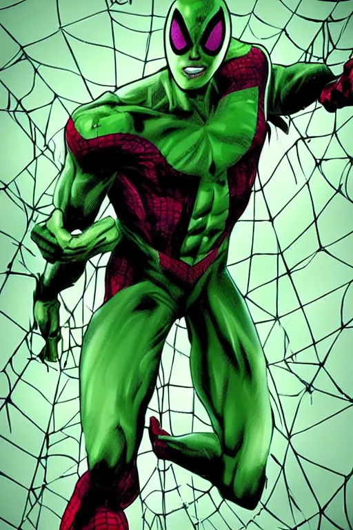 Prompt: a cross between spider man and green goblin