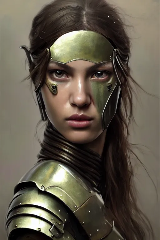 Image similar to a photorealistic painting of an attractive young girl, partially clothed in metal-plated battle armor, olive skin, long dark hair, beautiful bone structure, symmetrical face, perfect eyes, intricate, elegant, digital painting, concept art, illustration, sharp focus, minimal artifacts, from Metal Gear, in the style of Ruan Jia and Mandy Jurgens and Greg Rutkowski, trending on Artstation, award winning