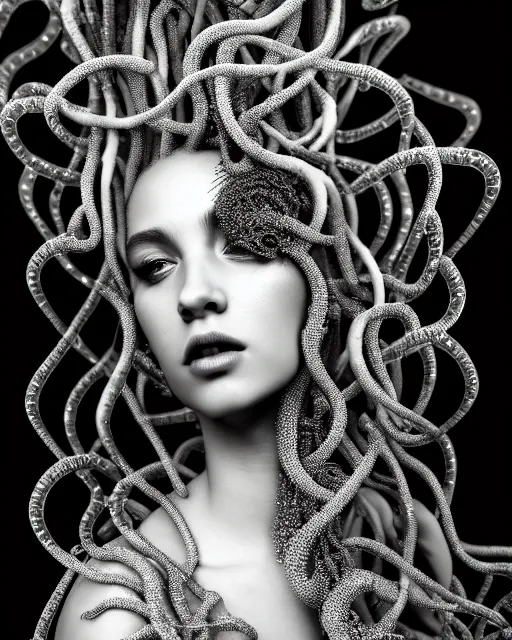 Prompt: surreal mythical dreamy artistic black and white fine art photo of a beautiful young female queen - medusa - cyborg covered with metal fish scales and translucent algae, highly detailed, intricate crystal ivy jelly fish scales ornate, poetic, octane render, 8 k, photo - realistic