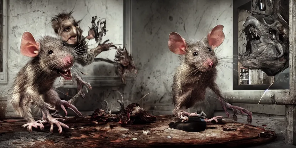 Prompt: a highly detailed photographic render of a humanoid rat creature eating a man in a living room, ratman watching tv, gore, blood, rat man, horror sci-fi, horro science fiction, biology, horror, cinematic, cinematic horror, cinematic lighting, cinematic scene, cinematic render, film, horror film, beautifully lit, ray traced, octane 3D render, octane render, unreal engine