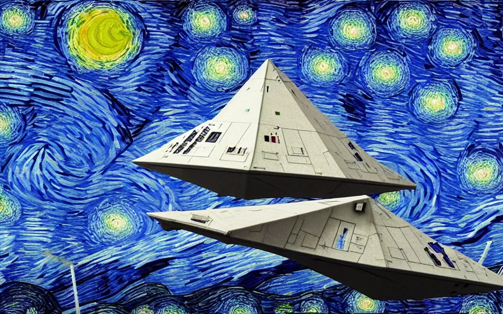 Image similar to star wars star destroyers in the sky of the starry night with by van gogh