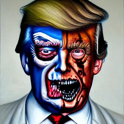 Prompt: painted portrait of donald j. trump as a zombie, 7 days to die zombie, fine art, soft light from the side, award winning, subtle earthy tones, intricate, elegant, sharp focus, cinematic lighting, digital painting, 8 k concept art, art by michael hussar, art by brom, art by z. w. gu, 8 k