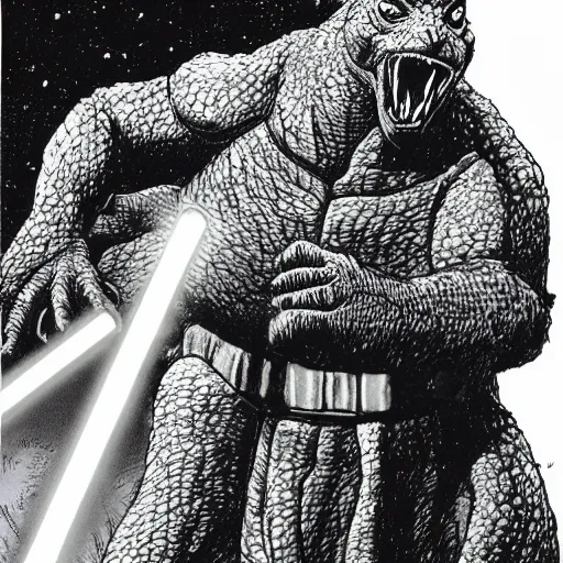 Prompt: godzilla in flowing jedi robes with a lightsaber by frank miller