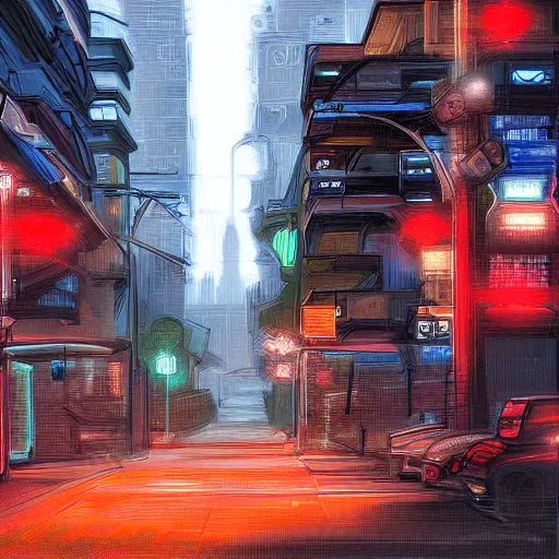 Image similar to stark street in portland oregon, cyberpunk, digital painting