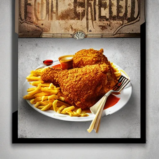 Prompt: chicken fried on a computer cpu plate, food, poster, orthographic, octane