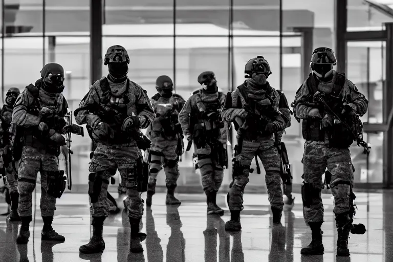 Prompt: Mercenary Special Forces soldiers in grey uniforms with black armored vest and black helmets fighting inside an airport in 2022, Canon EOS R3, f/1.4, ISO 200, 1/160s, 8K, RAW, unedited, symmetrical balance, in-frame, combat photography