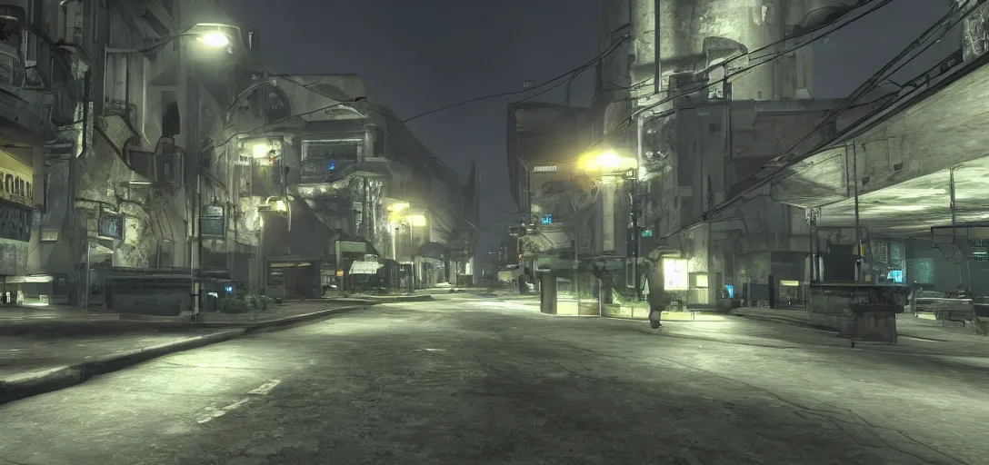 Prompt: A photo of New Mombasa streets from Halo 3 ODST at night, 8k, realistic details