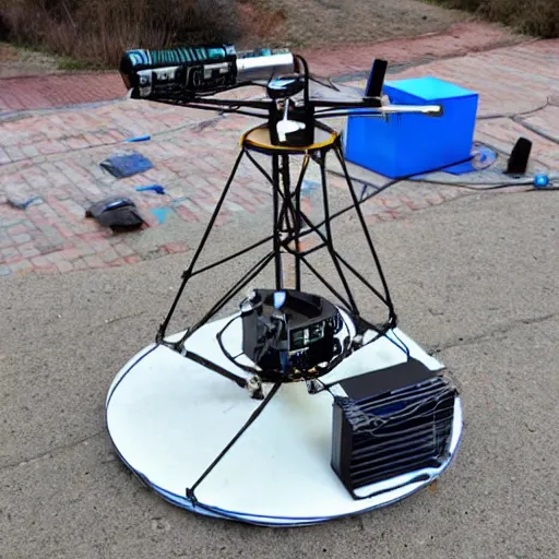 Prompt: complicated diy radio telescope scanner device made of lids and pans and duct tape and wires and lenses and cables and wires and electronics