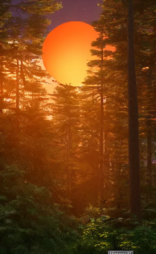 Prompt: an aperture in the woods of a forest of japanese pines close to a lake, a big red sun in the background, front trading card, photorealistic, high details, trending on behance, 8k, stunning, volumetric, ray tracing