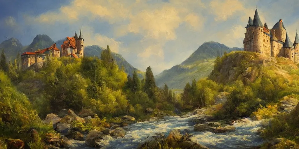 Prompt: A beautiful paiting of a castle in the sunny valley, with wind keeping blowing over a small river