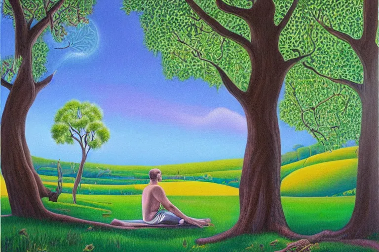 Image similar to painting of a peaceful man relaxing under a tree by alex grey, acrylic art, calm, soothing, cosy, elegant, soft light,