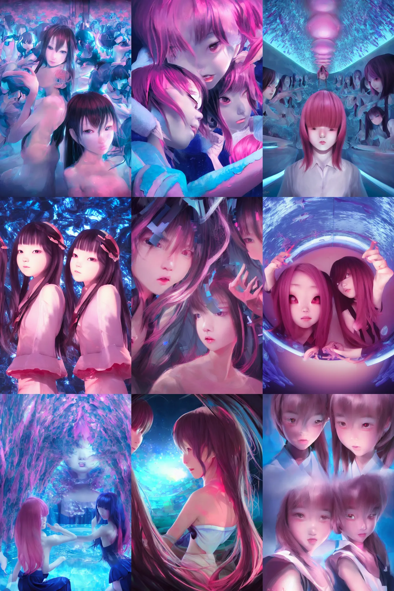 Prompt: 3d dark infrared octane render concept art by D. Jun, by Mo Xiang Tong Xiu, by Igarashi Daisuke, beauty portrait anime schoolgirl sisters under dark pink and blue water. cute face. complex mirrored room. ultra wide lens, fisheye lens. dramatic light, trending on artstation.